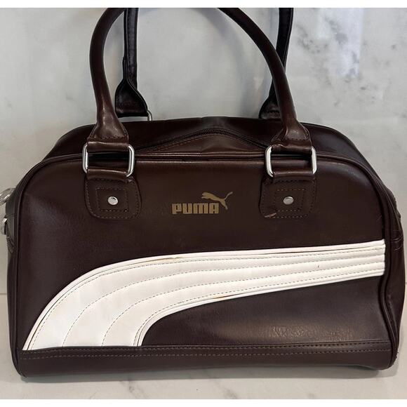 80s 90s Retro Puma Vinyl Brown Messenger Bag Purse Small Duffel - Picture 1 of 16
